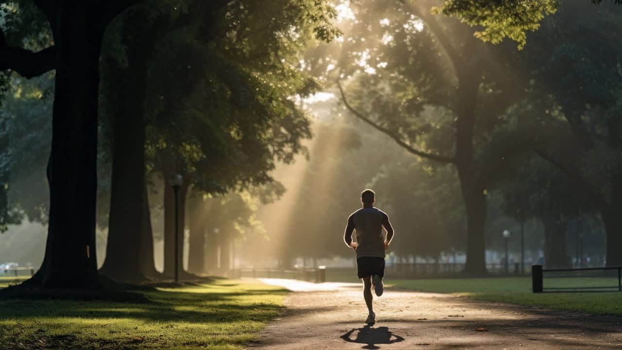 Backlit shot of a person jogging through a sunlit park, capturing a serene morning atmosphere