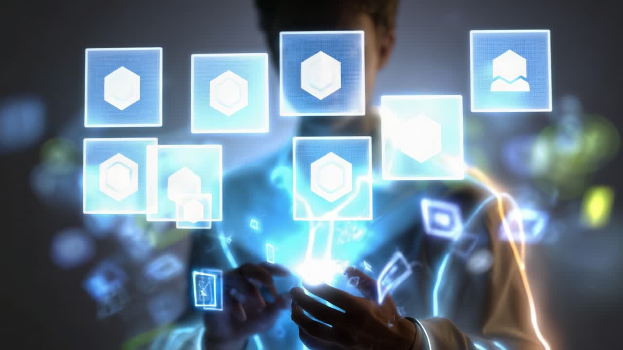 A person interacting with vibrant holographic technology, showcasing digital icons and glowing interfaces, symbolizing the fusion of technology and human innovation