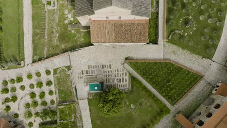 alaverdi monastery, landscaped garden, georgia country, aerial top down