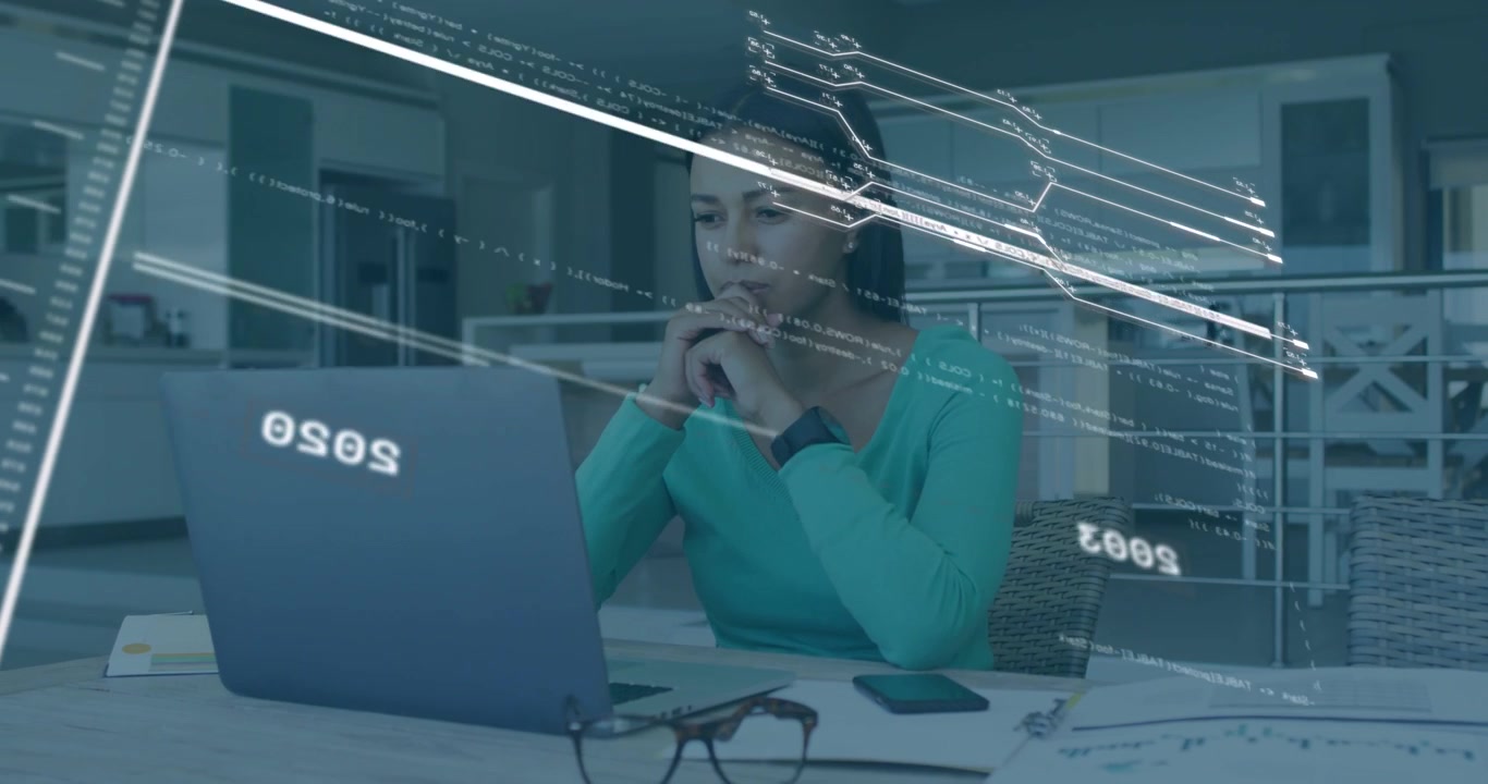 Woman at table reacting to tech HUD years sliding across screen typing on laptop updating timeline