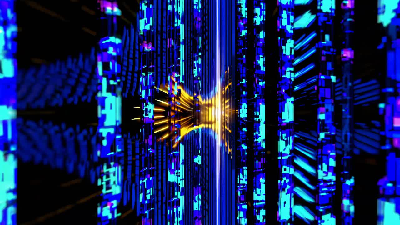 Abstract Digitaler Tunnel mit leuchtenden blauen und orangefarbenen Lichtern