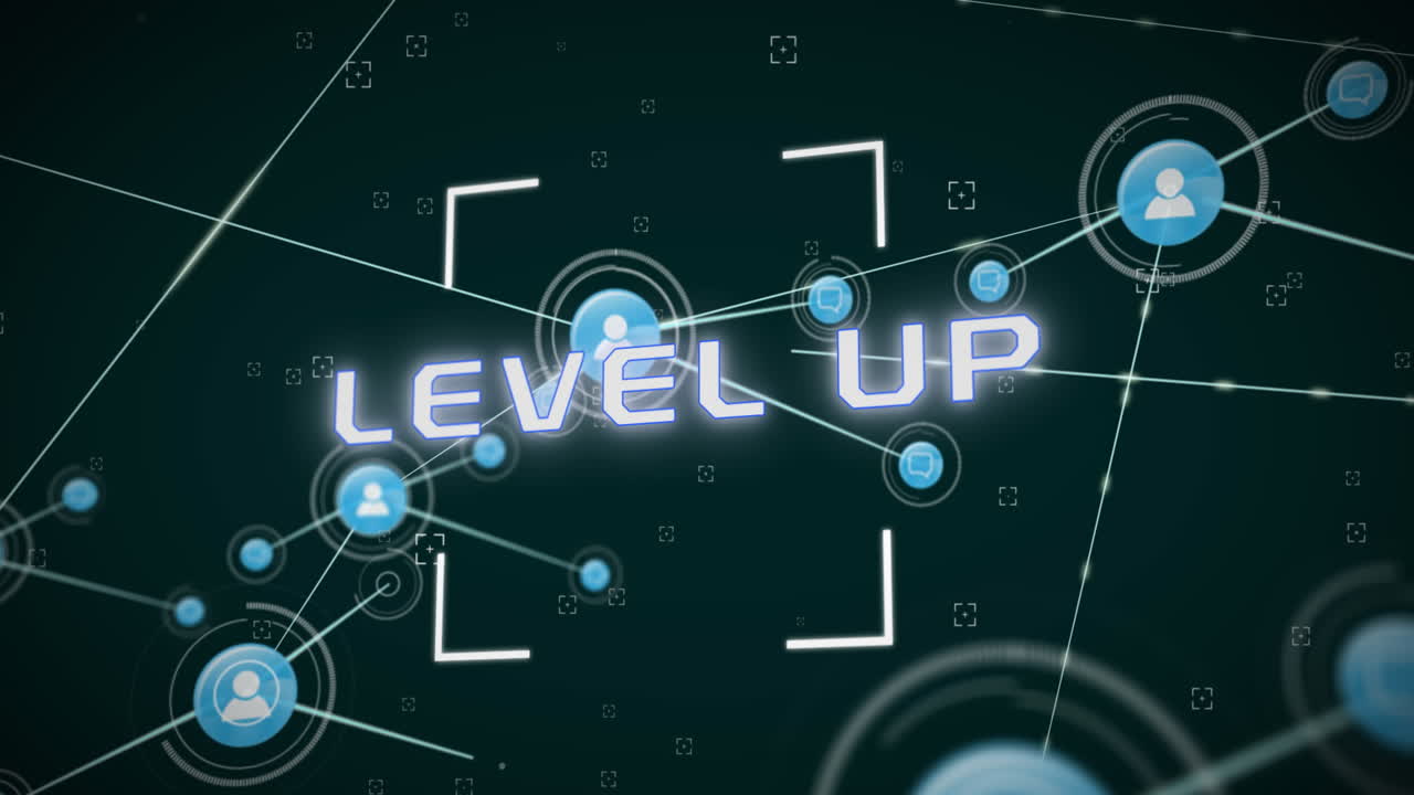 녹색 배경에 대한 레벨 업 텍스트 배너를 통해 연결 네트워크와 범위의 애니메이션