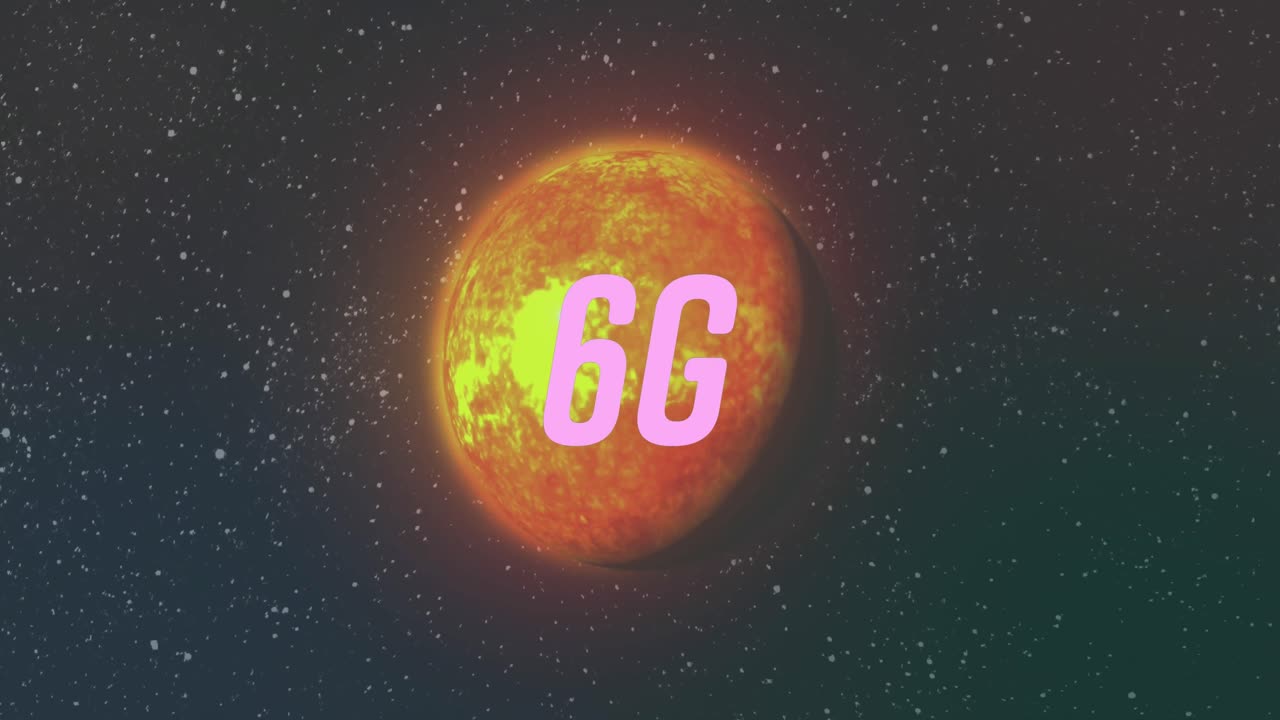animación de un banner de texto de 6g contra un planeta giratorio en el espacio