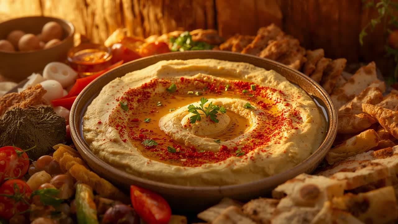 Carrellata con movimento della camera verso una ciotola di hummus in ceramica su un tagliere rustico, che mostra olio d'oliva e paprika