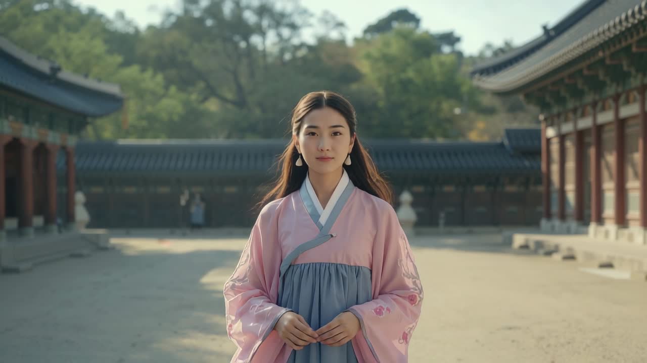Início da caminhada, mulher vestindo hanbok com brincos pendurados se movendo em direção à lente no palácio se apresentando