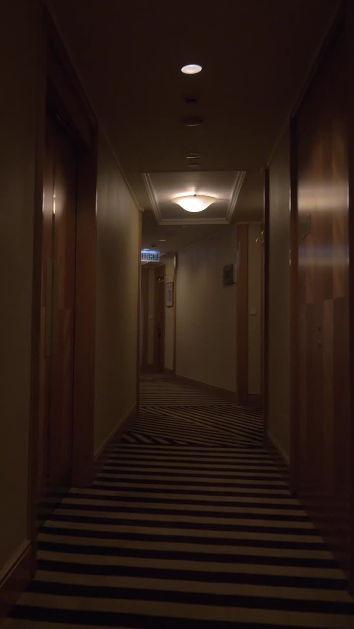 Lungo corridoio vuoto di hotel con moquette a motivi e luci