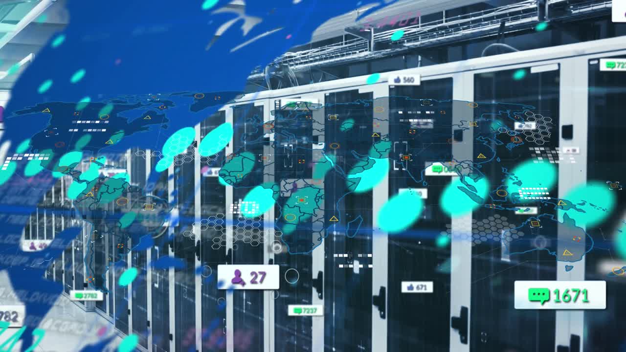 animazione di icone di social media su una mappa del mondo contro la stanza del server del computer