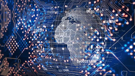 Animation of digital circuit board overlaying globe, showing global network connectivity