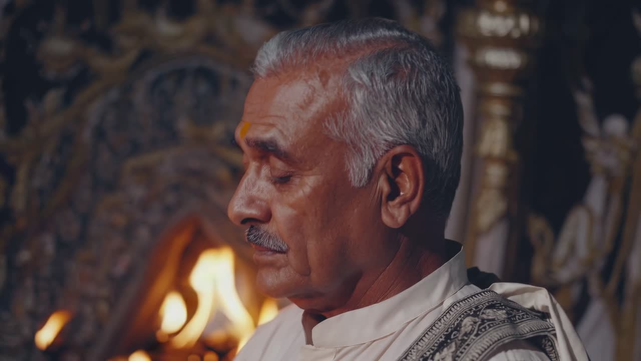 Elderly Indian priest chanting Vedic mantras, meditating with closed eyes amid glowing temple candles, embodying spiritual devotion and traditional religious practice