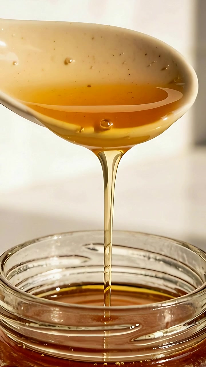 Video verticale: cucchiaio di ceramica inclinato che versa un liquido dorato in un barattolo di vetro vicino alla finestra per riempirlo