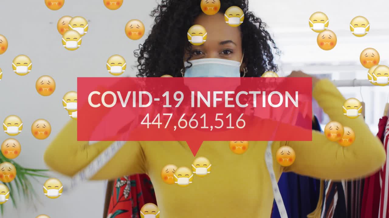 Animasjon av ordene covid-19-smitte og emoji som flyter med en kvinne som bærer ansiktsmaske