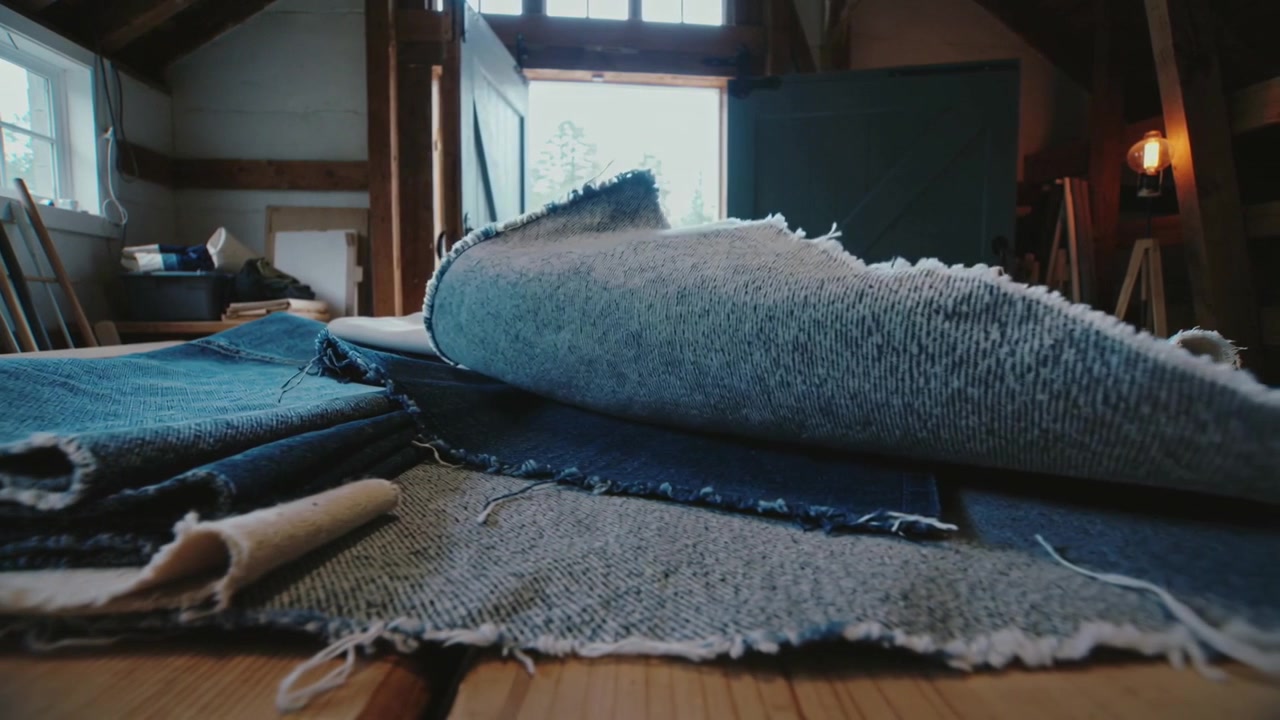 Breeze from open door lifting textiles, revealing frayed threads and shifting canvas roll in studio