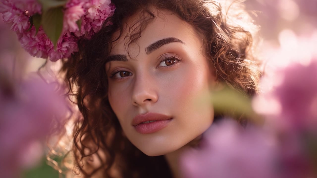 Un ritratto ravvicinato accattivante di una giovane donna circondata da splendidi fiori rosa, che enfatizza i suoi tratti delicati e la sua bellezza naturale in un'atmosfera serena.