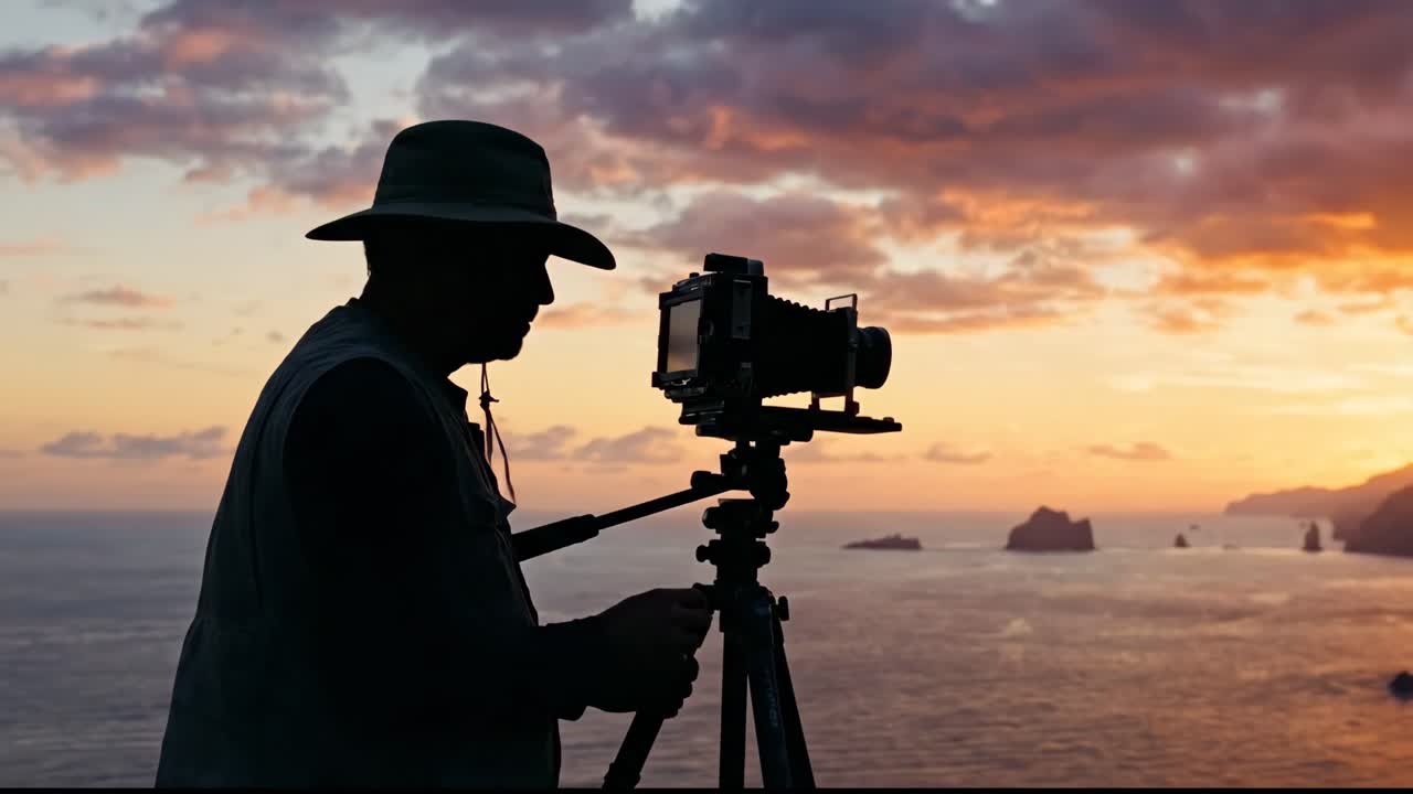 Silhouette di un fotografo con fotocamera di grande formato al tramonto sull'oceano