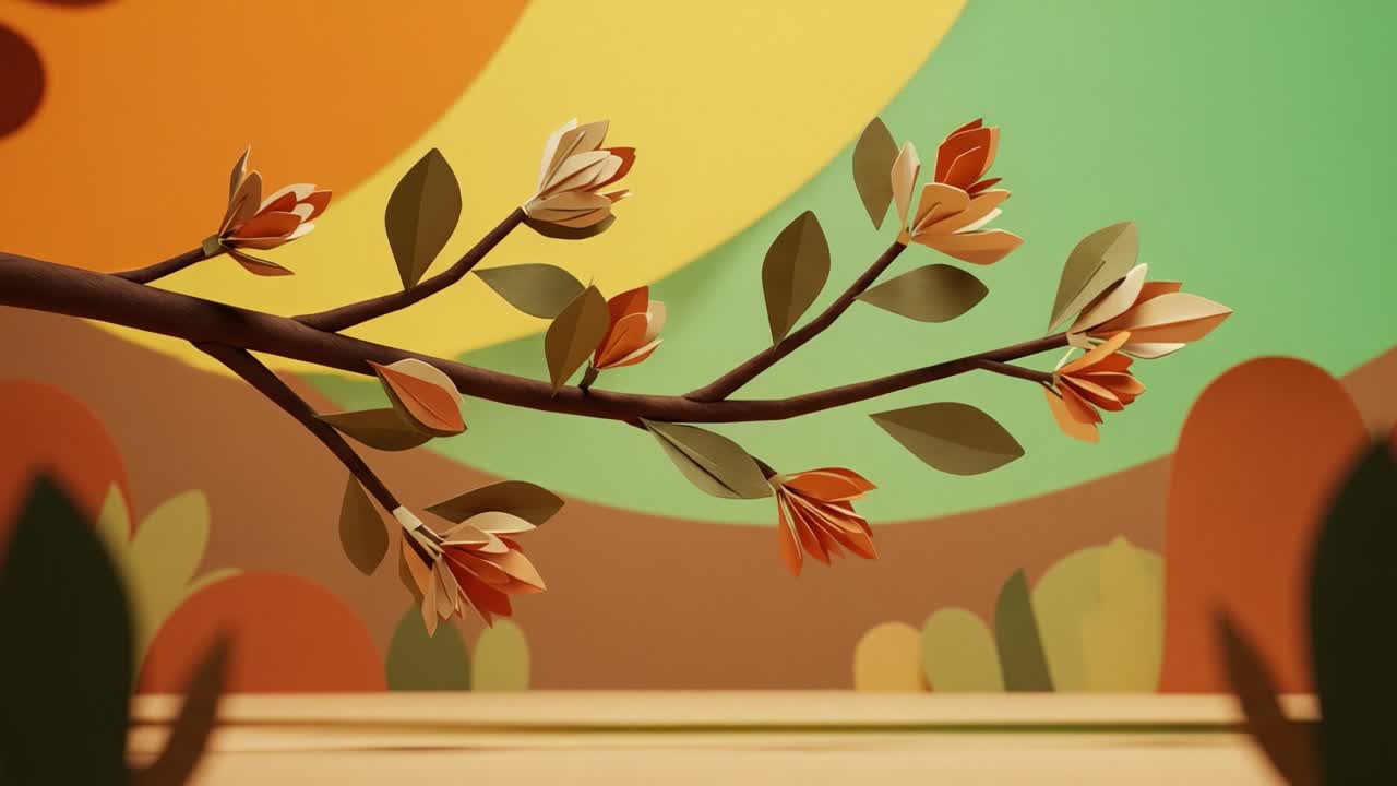 A Beautifully Crafted Paper Branch with Colorful Flowers Awash in Vibrant Abstract Backgrounds, Showcasing Artistic Paper Artistry and Nature's Charm