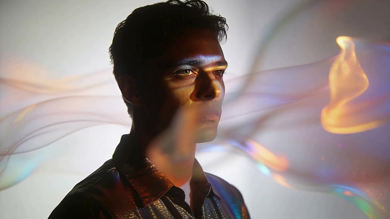 Projector starting, man turning head in studio, light ribbons revealing face and shiny shirt
