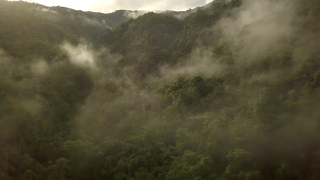 Aerial-view-flying-thru-the-morning-rain-cloud-covered-tropical-rain-forest-mountain-landscape-during-the-rainy-season-on-the-Doi-Phuka-Mountain-reserved-national-park-the-northern-Thailand