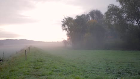 Ein-Verträumter,-Nebliger-Morgen-Auf-Dem-Land-In-Zlotoryja-Im-Südwesten-Polens-Mit-Sonnenlicht,-Das-Am-Horizont-Aufgeht---Weitwinkelaufnahme