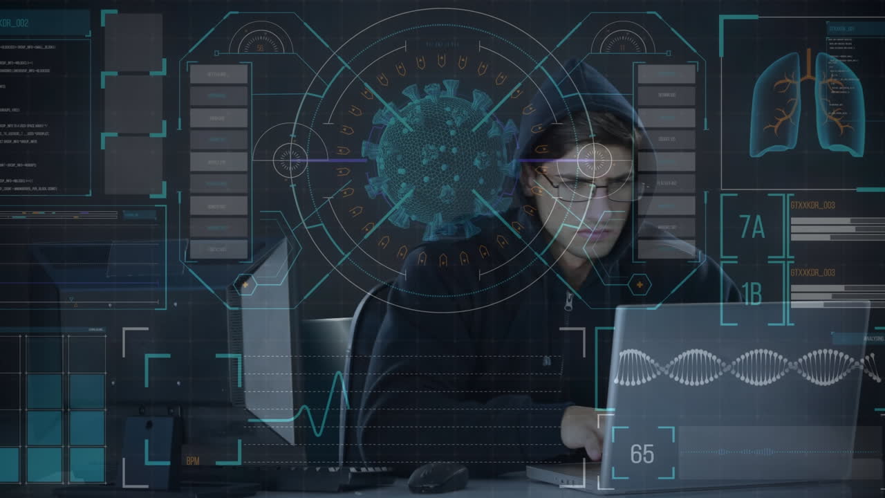 animación del procesamiento de datos sobre un hacker con una computadora portátil