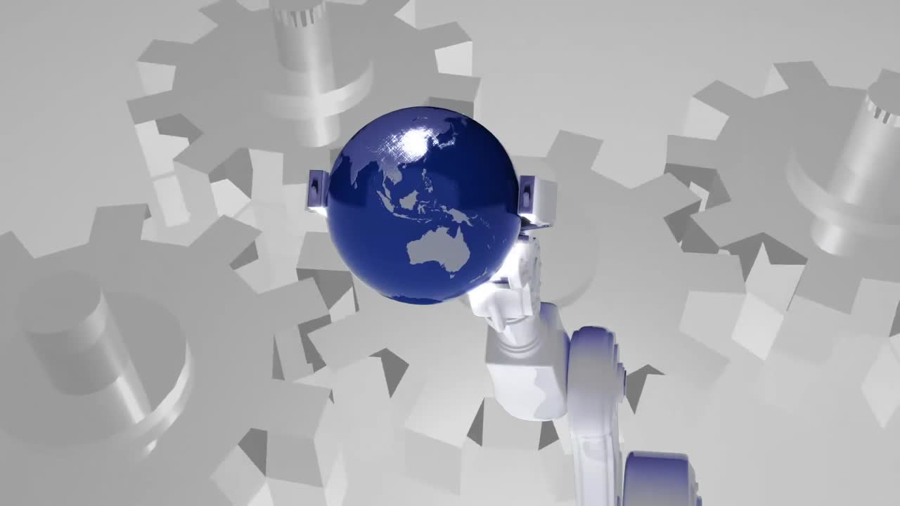 animación de una mano robótica atrapando un globo terrestre en un fondo de engranajes blancos