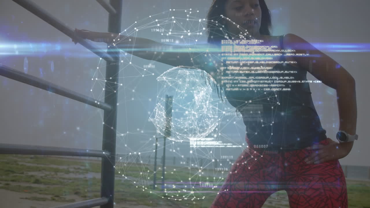 animación del procesamiento de datos con una atleta discapacitada con prótesis de pierna ejercitándose en el bac