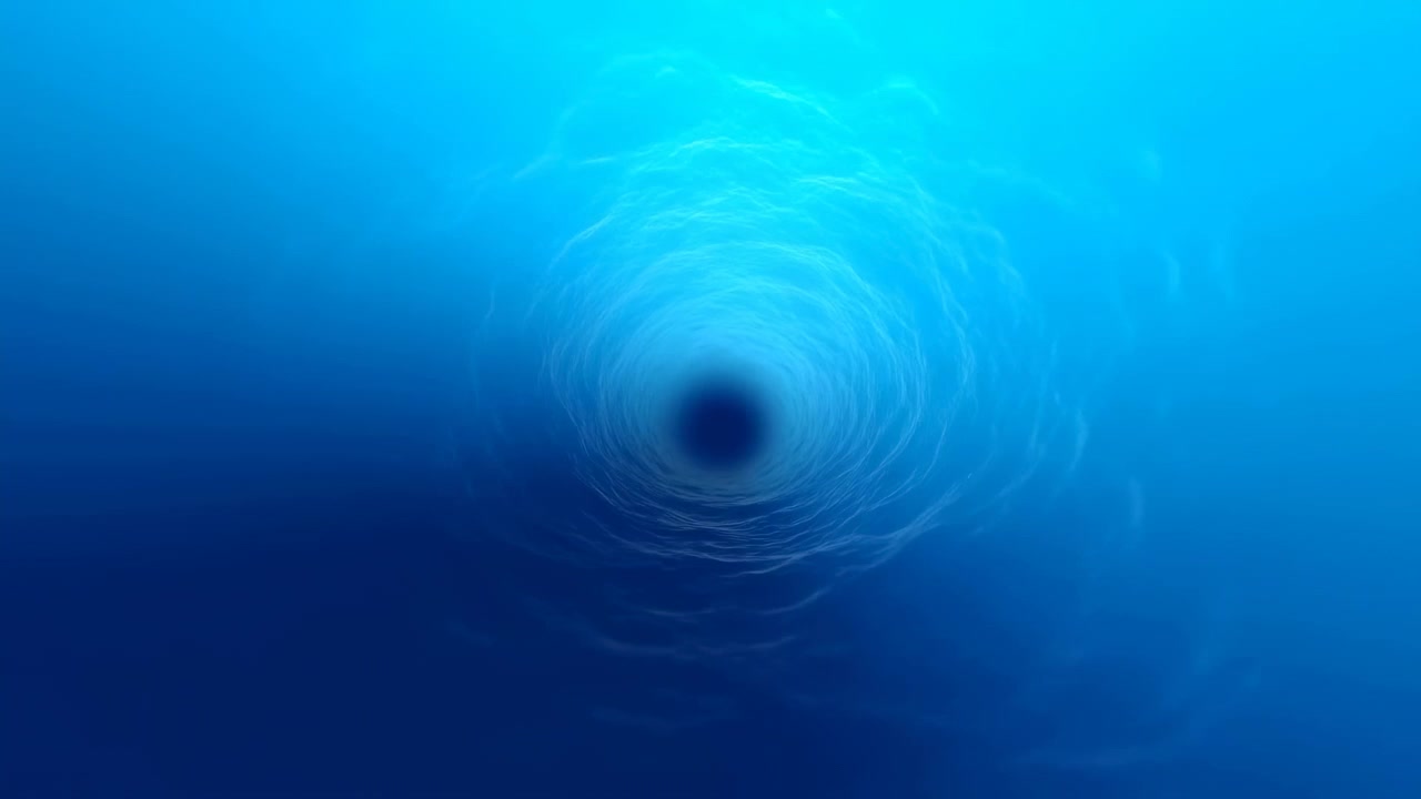 Central circular vortex forms within deep blue water, surrounded by concentric wispy spiral filaments, soft cyan glow, layered shadows, and quiet abstract depth for dramatic marine backdrop