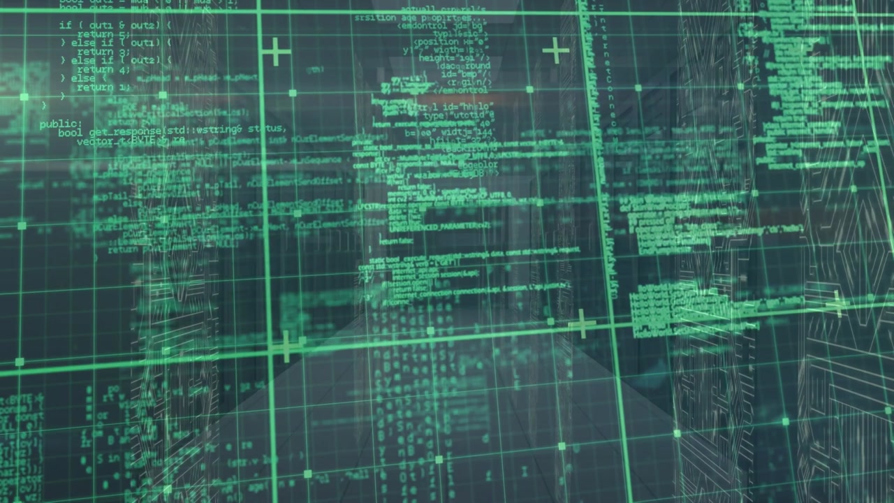 Animation of data processing and microprocessor connections against computer server room