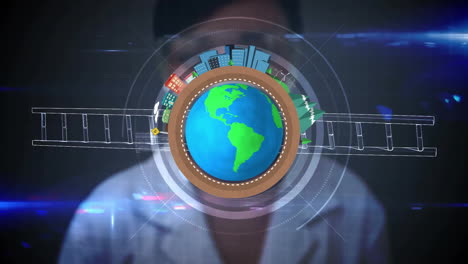 animation of cityscape and transportation surrounding earth over blurred background