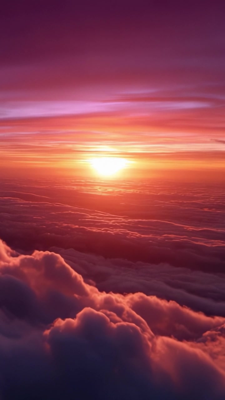 Mesmerizing Sunset Above the Clouds: A Breathtaking View from Above, Capturing Vibrant Colors of Dusk and the Tranquility of a Calm Sky in Flight.