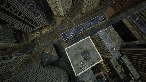 exploring the urban maze of skyscrapers and empty streets from above