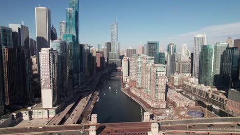 Chicago-River-and-Lake-Shore-Drive,-4K-aerial