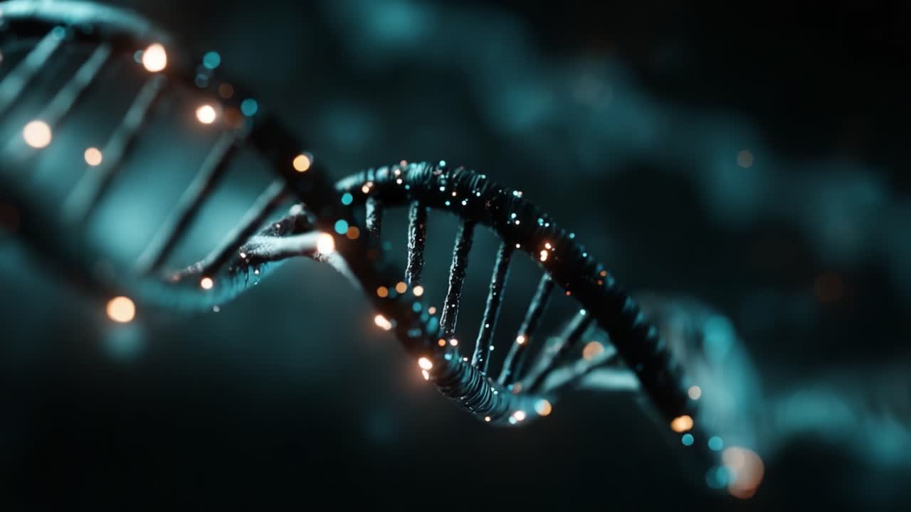 Immagini accattivanti della struttura del DNA: Una rappresentazione astratta di materiale genetico con particelle luminescenti su uno sfondo scuro.