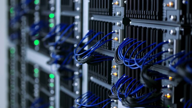 Vista ravvicinata di hardware server con cavi blu raggruppati e indicatori illuminati all'interno della sala attrezzature, che mette in risalto la moderna infrastruttura digitale, componenti densi e organizzazione tecnica