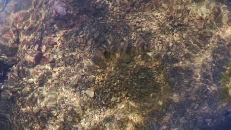 rocky and sandy river bed through crystal clear water in slow motion