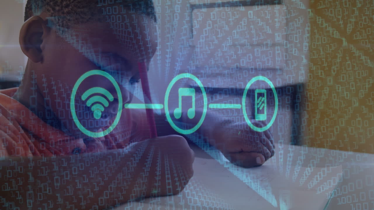 Animation of connected media icons and data over african american schoolboy in classroom