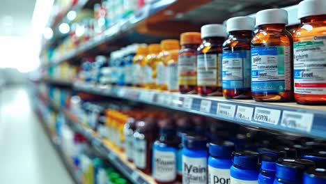 pharmacy shelves with various medications and supplements
