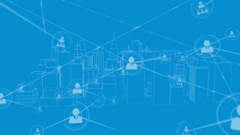 Animation-of-network-of-connections-with-people-icons-over-cityscape-on-blue-background