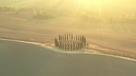 aerial view of the beautiful hills of the val d'orcia in tuscany with the cypress circle shape grove near montalcino, italy, hills cultivated with wheat, ionic column by helidon xhixha, reflexes