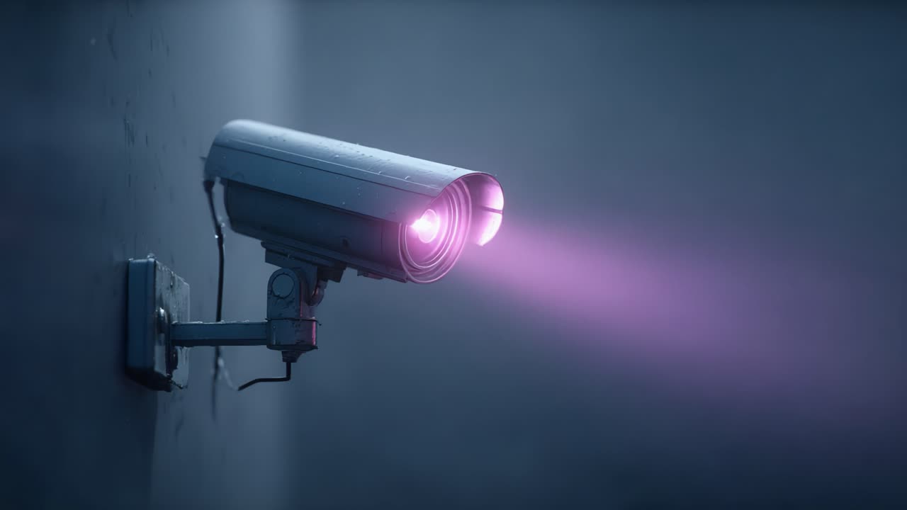 High-Tech Surveillance Camera with Focused Pink Light Emitting Beam, Capturing Visual Data in a Modern, Dimly Lit Environment for Enhanced Security Monitoring