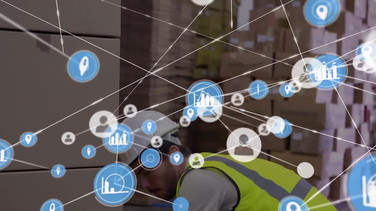 animación de iconos conectados con líneas, trabajador caucásico colocando cajas de cartón en paletas.