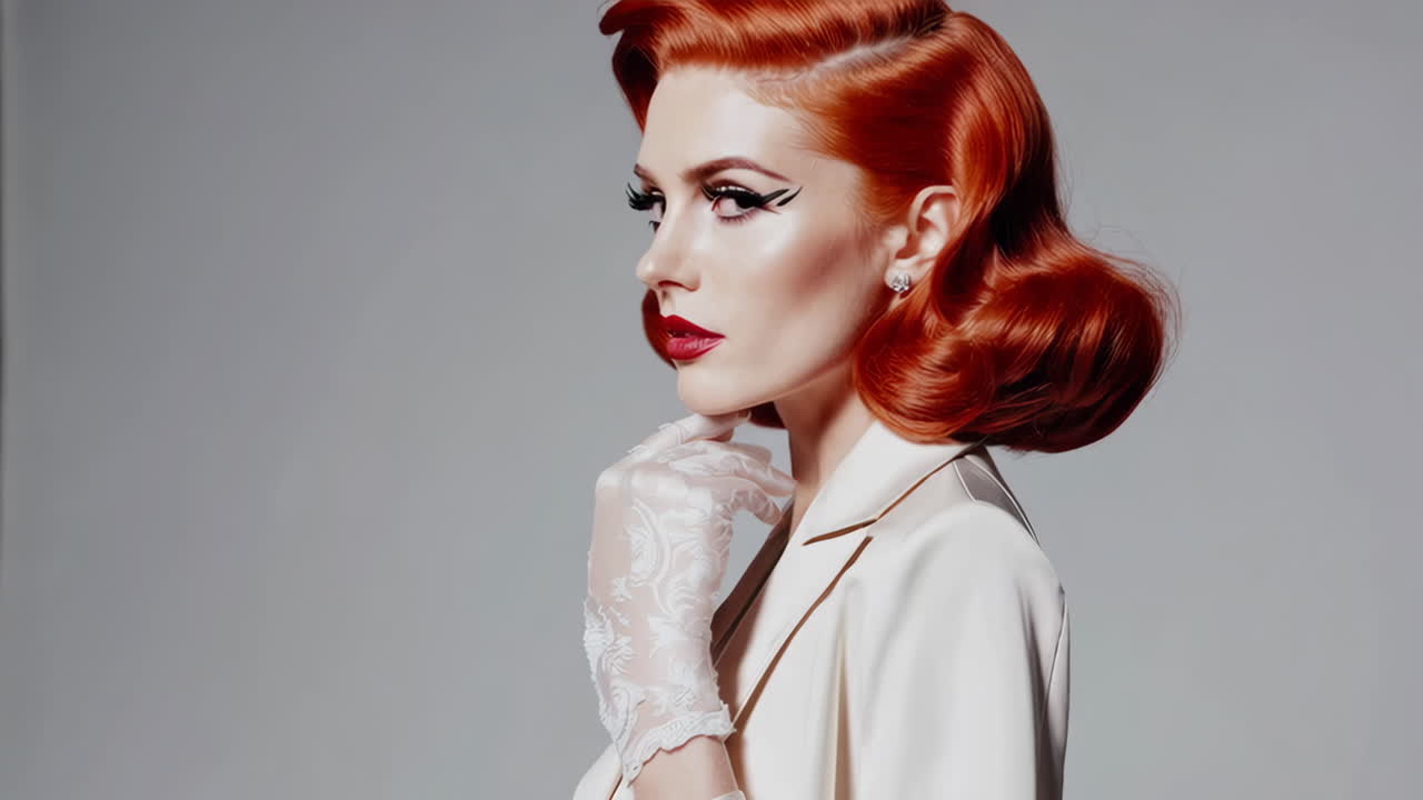 Elegant Red-Haired Woman in Retro Style Portrait