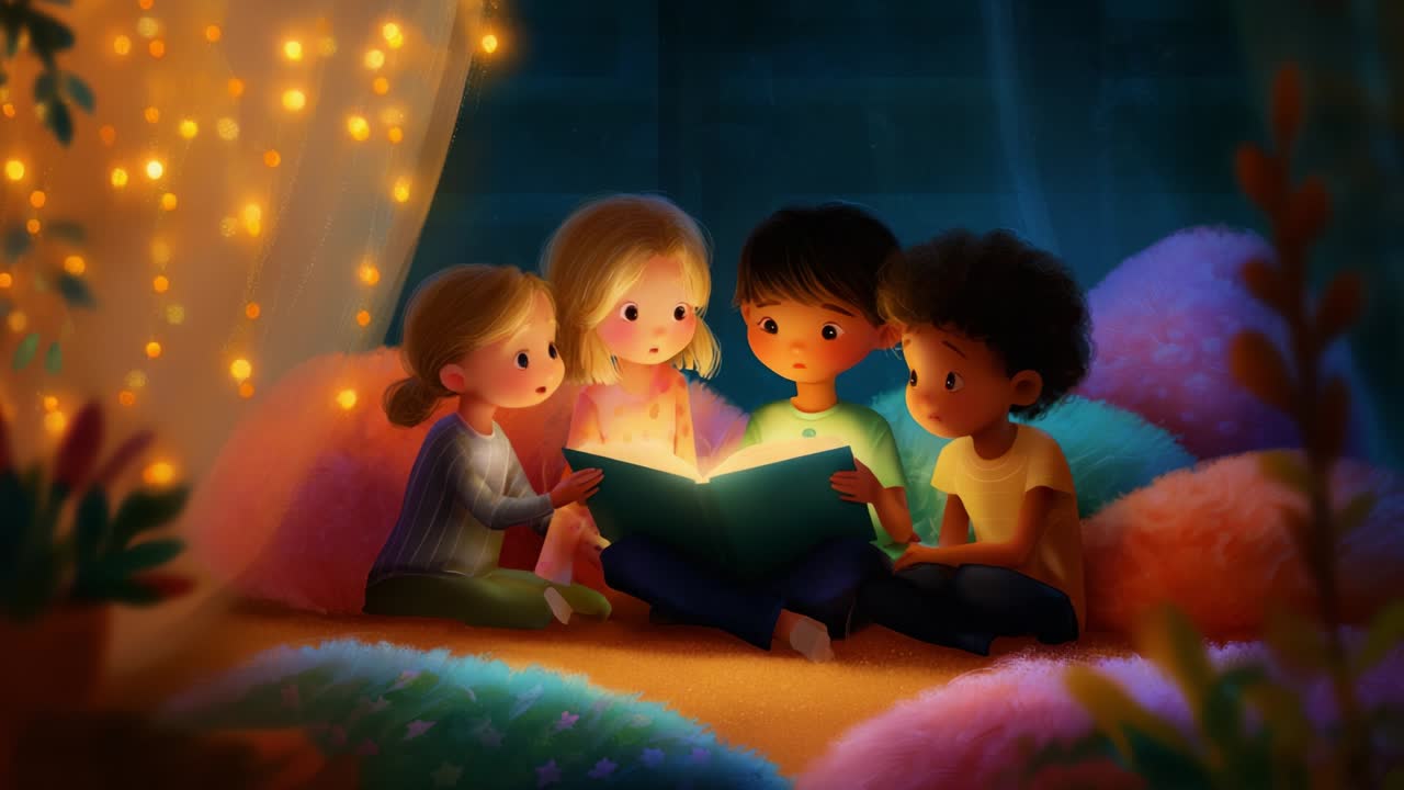 Children Reading a Book in a Tent with Fairy Lights
