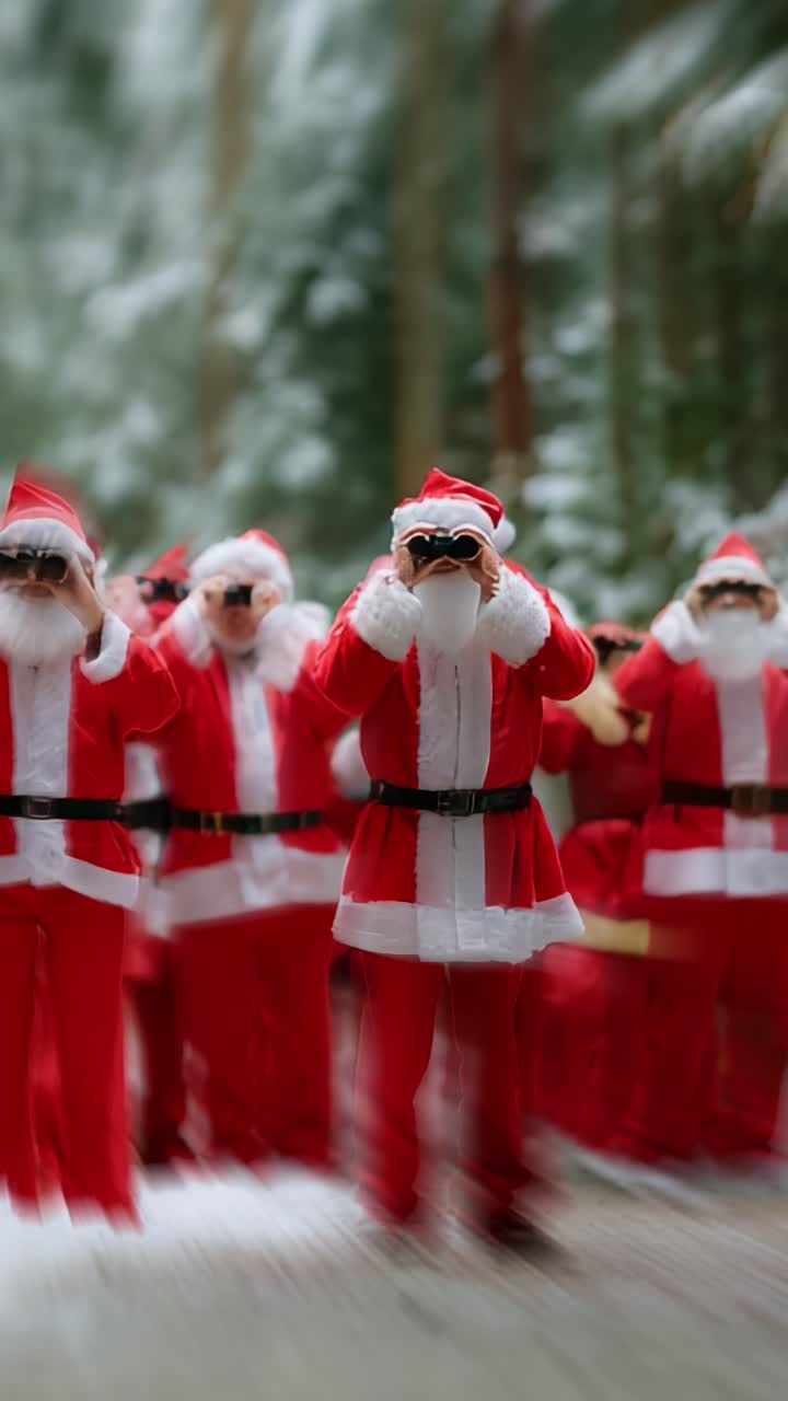 A Cheerful Gathering of Santa Claus Figures, Dressed in Iconic Red Costumes with White Trim, Joyfully Posing for the Camera, Surrounded by a Winter Wonderland Filled with Snow and Trees