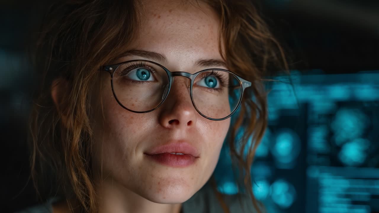 Contemplative Moment: A Young Woman With Freckles and Glasses Gazes Thoughtfully While Engaged with a High-Tech Screen in a Dimly Lit Environment