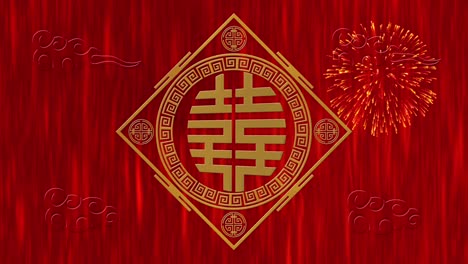 lunar new year, spring festival background with double happiness, simbol, clouds, glittering stars. chinese new year red paper backdrop for event. 3d rendering animation. seamless loop 4k video