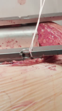 el médico pone hilos en el retractor. el cirujano se prepara para cerrar los músculos usando suturas estériles después de una exitosa cirugía de trasplante de la arteria coronaria