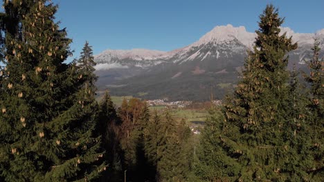 Antena:-Volando-A-Través-De-Los-árboles-Para-Ver-El-Hermoso-Valle-De-Los-Alpes,-Tirol