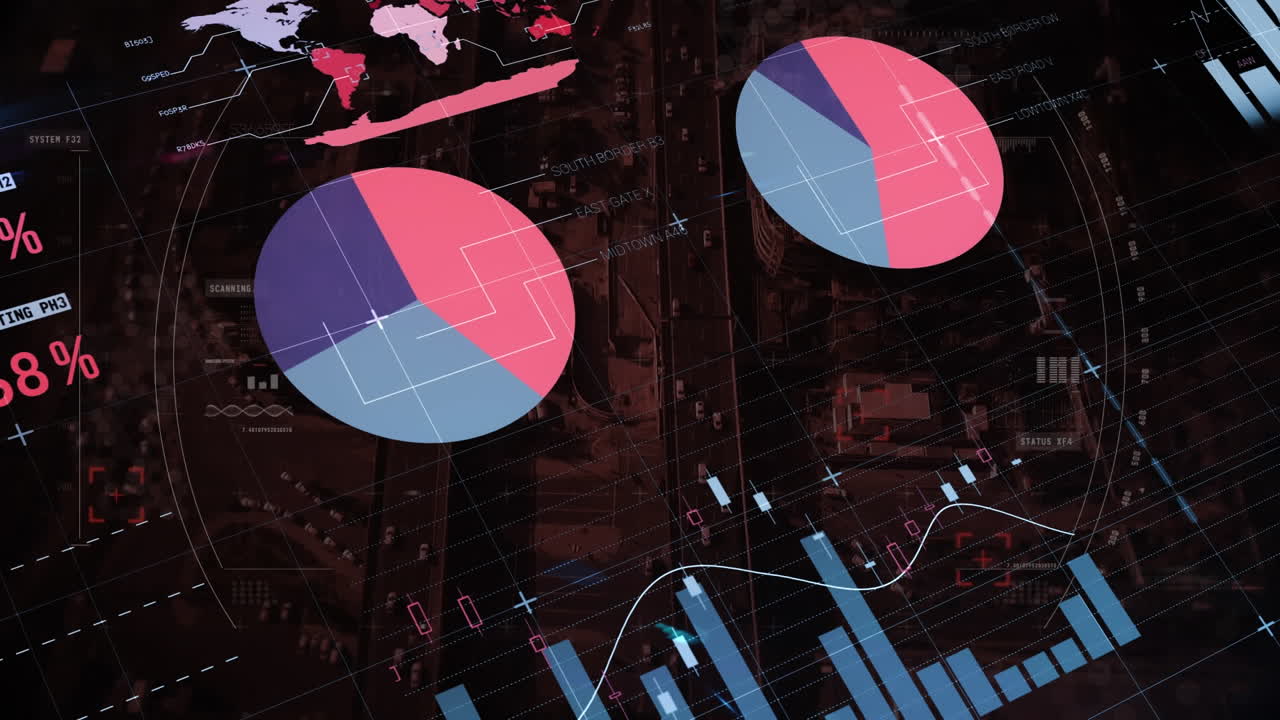 animación de estadísticas y procesamiento de datos sobre el paisaje urbano