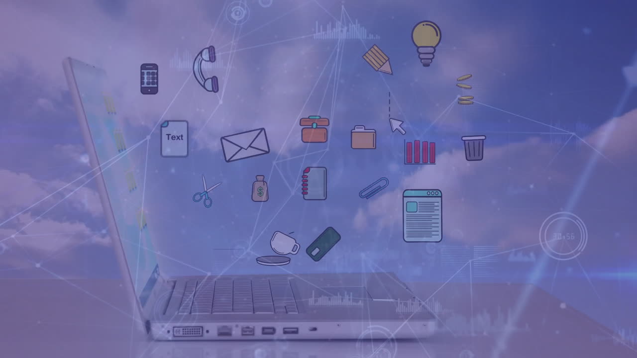Animation of laptop with floating digital icons and network connections in school