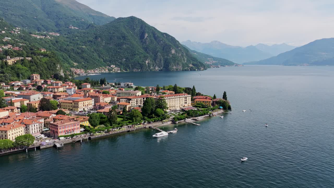 Scenic lakeside Italian town, mountains with serene waters, vibrant architecture